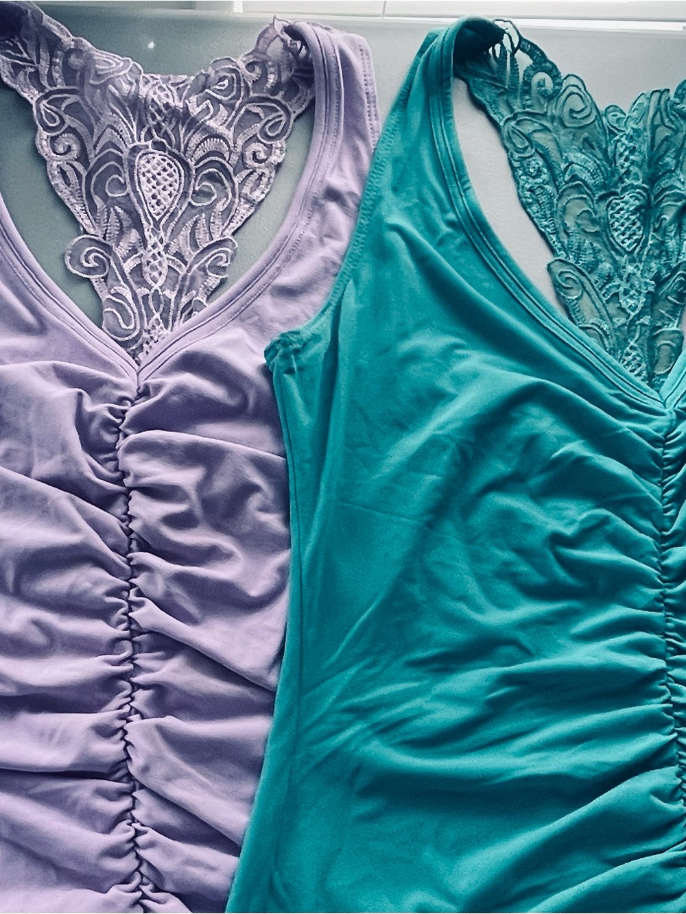 Frederick's of Hollywood Lavender and Teal Racer Lace-Back Ruched V-Neck Tanks
